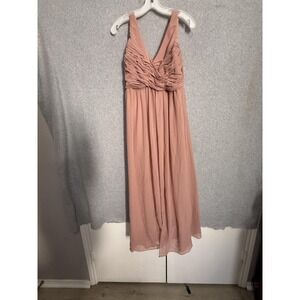 Birdy Grey Dress Womens M Pink Ruched V Neck Chiffon Maxi Pockets Formal